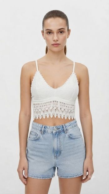 White Lace Crochet-Trim Tie-Front Crop Top